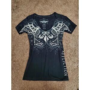 Affliction Live Fast Womens M Black Gothic Wings V-Neck Grunge Biker Shirt Y2k